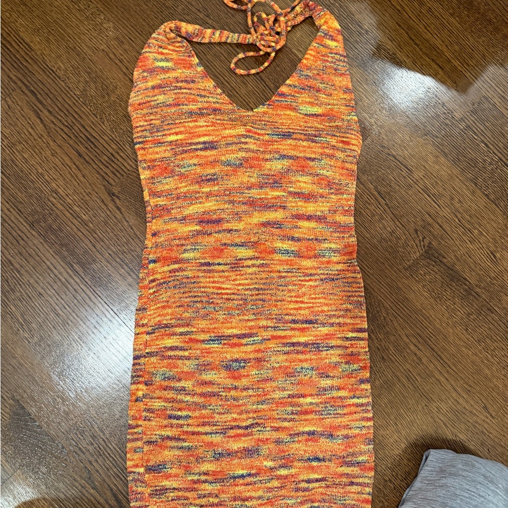 Halter Knit Mini Dress in Orange Multicolor